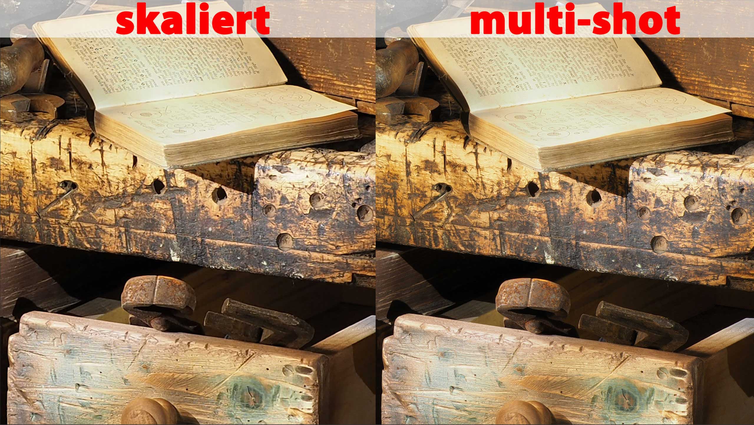 Wie sich die Multishot-Aufnahme auf die Details des Bildes auswirkt erkennt man beim Vergleich des auf dieselbe Größe skalierten Single-Shots. Hier zeigt sich das Mehr an Feinheiten schon deutlicher. Tipp: Um den Vergleich selbst in Photohop vornehmen zu können, klicken Sie mit der rechten Maustaste auf das Bild und speichern es auf Ihrer Festplatte.