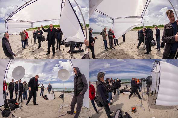 Beim Aufbau des Cage packten auch die Workshop-Teilnehmer mit an; es war eine Herausforderung, den Aufbau trotz des frischen Windes am Strand mit Gewichten zu sichern.
