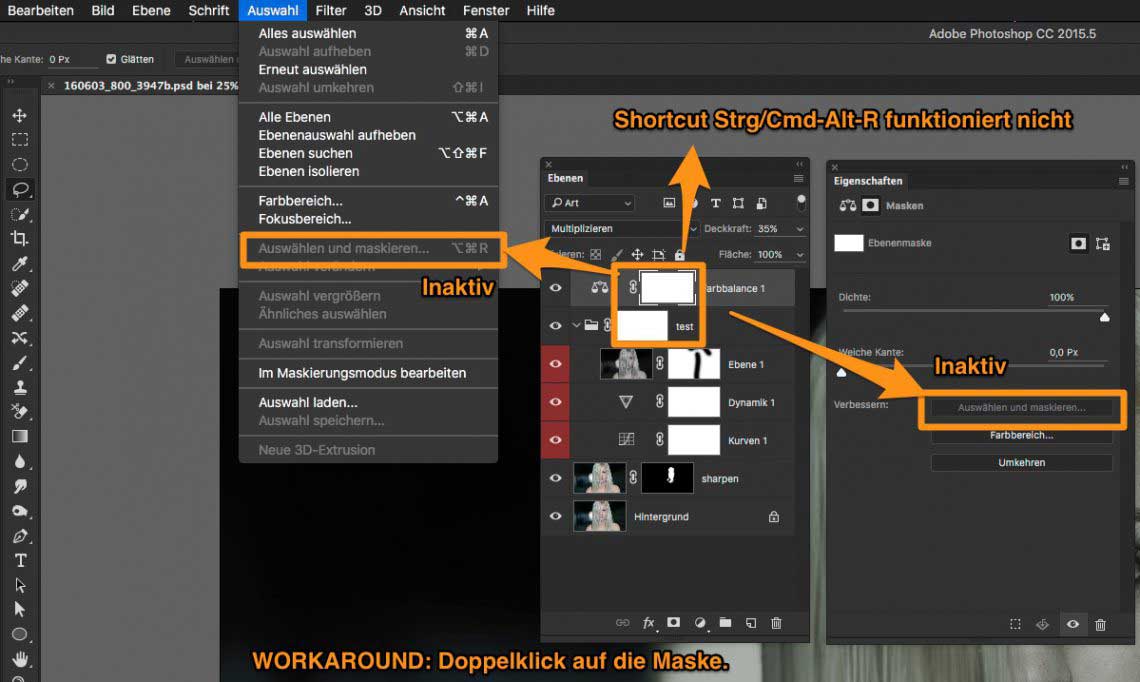 Auch wenn alle normalen Befehle nicht funktionieren, können Sie »Auswählen und maskieren« betreten: mit einem Doppelklick auf die Maske.