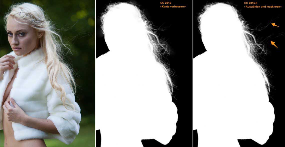 Ein Vergleich. Einzelne fliegende Haare erhält der neue Algorithmus besser (Pfeile). Bei einfacheren Auswahlkanten dagegen nicht unbedingt ebenfalls immer. (Bild anklicken für vergrößerte Ansicht.)