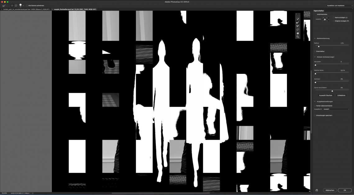 Hier versuchte ich in der Maskenansicht mit dem »Kante-verbessern-Pinsel« bei gehaltener »Alt«-Taste einen Bereich von der Kantenoptimierung auszunehmen. Das Resultat ist eine völlig zerhackte Ebenenmaske. Kein reiner Anzeigefehler – das wird wirklich so als Masken-Ergebnis gerendert. Mir passierte das zum Glück nur selten. Aber das ist einer der wesentlichen Gründe, vorerst lieber noch die vorige Photoshop-Version zu nutzen. Ein Trauerspiel.