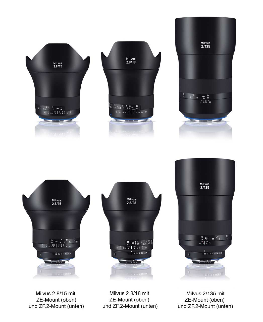 Die Brennweiten 15 mm, 18 mm und 135 mm werden jeweils als ZF.2-Mount für Nikon-Kameras und ZE-Mount für Canon-Kameras angeboten. Die ZF.2-Version ist zusätzlich mit einem manuellen Blendenring ausgestattet.