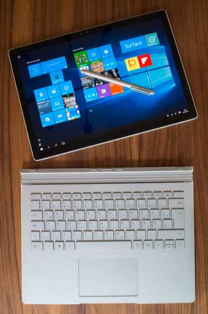 Microsofts Surface Book: Auf einen Tastendruck lässt sich der Bildschirm (der auch Prozessor, Hauptspeicher und SSD enthält) von der Tastatur abkoppeln und als eigenständiger Tablet-Computer verwenden.