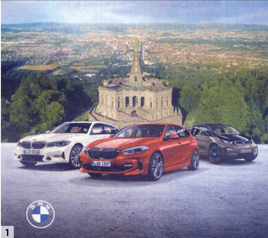 In dieser Kasseler BMW-Anzeige gibt es zwei Möglichkeiten: Ent­weder rutschen die drei Autos gleich nach hinten und zerschellen am Herkules-Monument – oder wie im Film „Inception“ rollt sich die Landschaft im Hintergrund bedrohlich auf und kippt nach vorn.