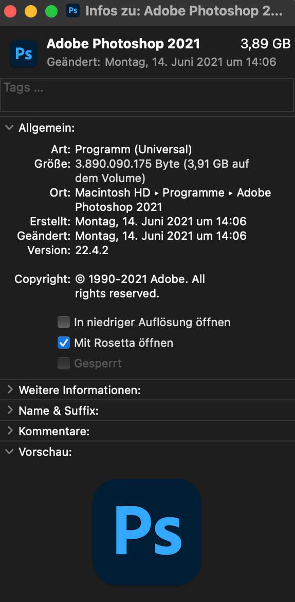 Nach Rechtsklick auf die Photoshop-App und dem Aufrufen der »Informationen« können Sie über eine Checkbox den Rosetta-Modus aktivieren. Starten Sie Photoshop danach neu. Topaz Plug-ins – Probleme