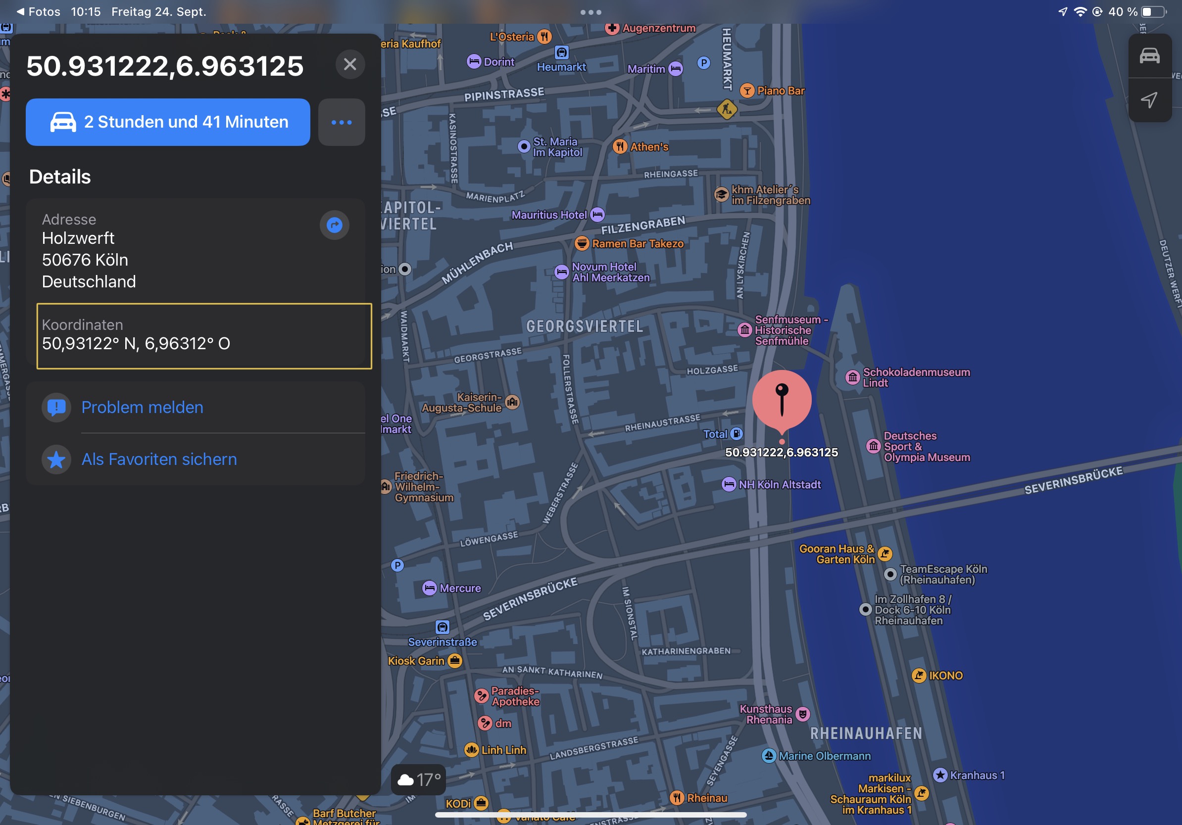 Mit einem Fingertipp auf die blaue Schaltfläche lässt sich die Navigation über Apples Karten-App starten. Die GPS-Koordinaten lassen sich mit einem Tipp und anschließendem »Kopieren« in die Zwischenablage bringen und in anderen Apps weiterverwenden.