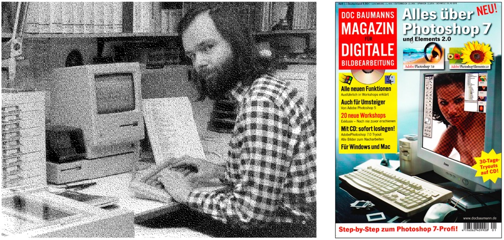 Ein frühes Dokument der Bildbearbeitung. 1987 legte sich Doc Baumann einen Scanner zu – ein kleines schwarzes Kästchen, das statt des Druckkopfs in den Nadeldrucker eingesetzt wurde, ein Foto zeilenweise abtastete (und dabei einen fürchterlichen Lärm machte) und in eine Bitmap aus schwarzen und weißen Pixeln übersetzte. Die Vorlage wurde statt des Druckerpapiers über die Vortriebswalzen bewegt. Rechts sehen Sie das Cover der ersten Ausgabe von „Doc Baumanns Magazin für digitale Bildbearbeitung“.