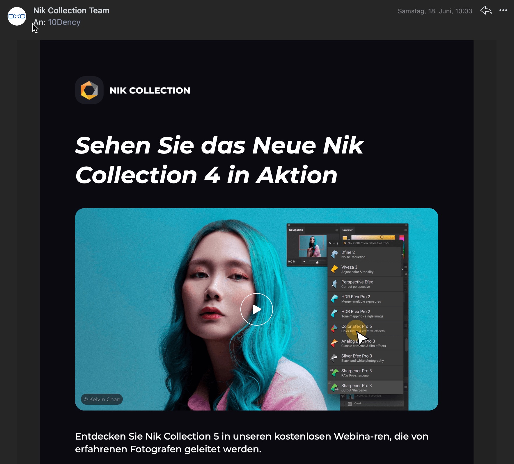 Screenshot der offiziellen Mail zur neuen Nik Collection von DxO. "Das Collection" hab ich noch nie gehört. Anscheinend hat DxO jetzt die gleichen Übersetzer wie Adobe gebucht. Dass die Schreiber der Infomail vergessen haben, die Versionsnummer im Titel zu updaten, kann man ihnen aber nicht verübeln. Denn die Unterschiede zur Version 5 muss man schon suchen.