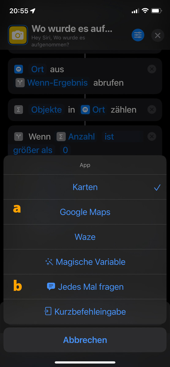 Die wichtigsten Navigationsapps wie etwa Google und Waze sollten hier verfügbar sein (a). Möchten Sie jedes Mal entscheiden, welche App zur Navigation zu den Foto-Geokoordinaten genutzt werden soll, tippen Sie auf »Jedes Mal fragen« (b).