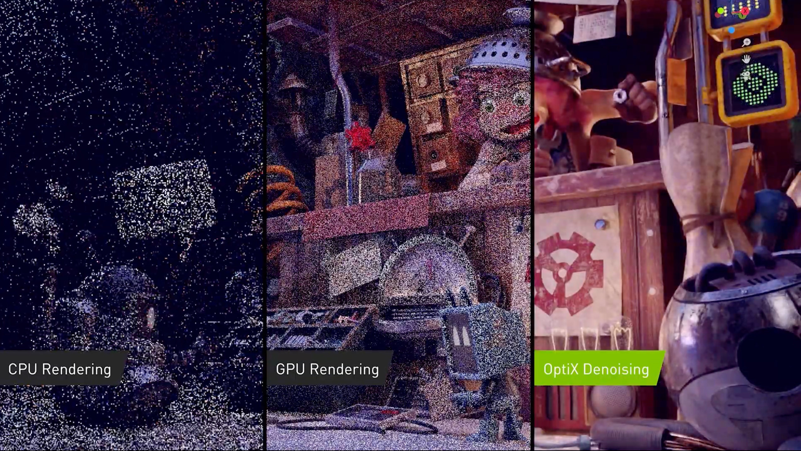 Von der CPU- zur GPU-Berechnung ist bereits ein deutlicher Geschwindigkeitszuwachs vorhanden. Dieser wird noch größer durch das KI-basierte OptiX-Denoising der RTX-Grafikkarten. ©NVIDIA