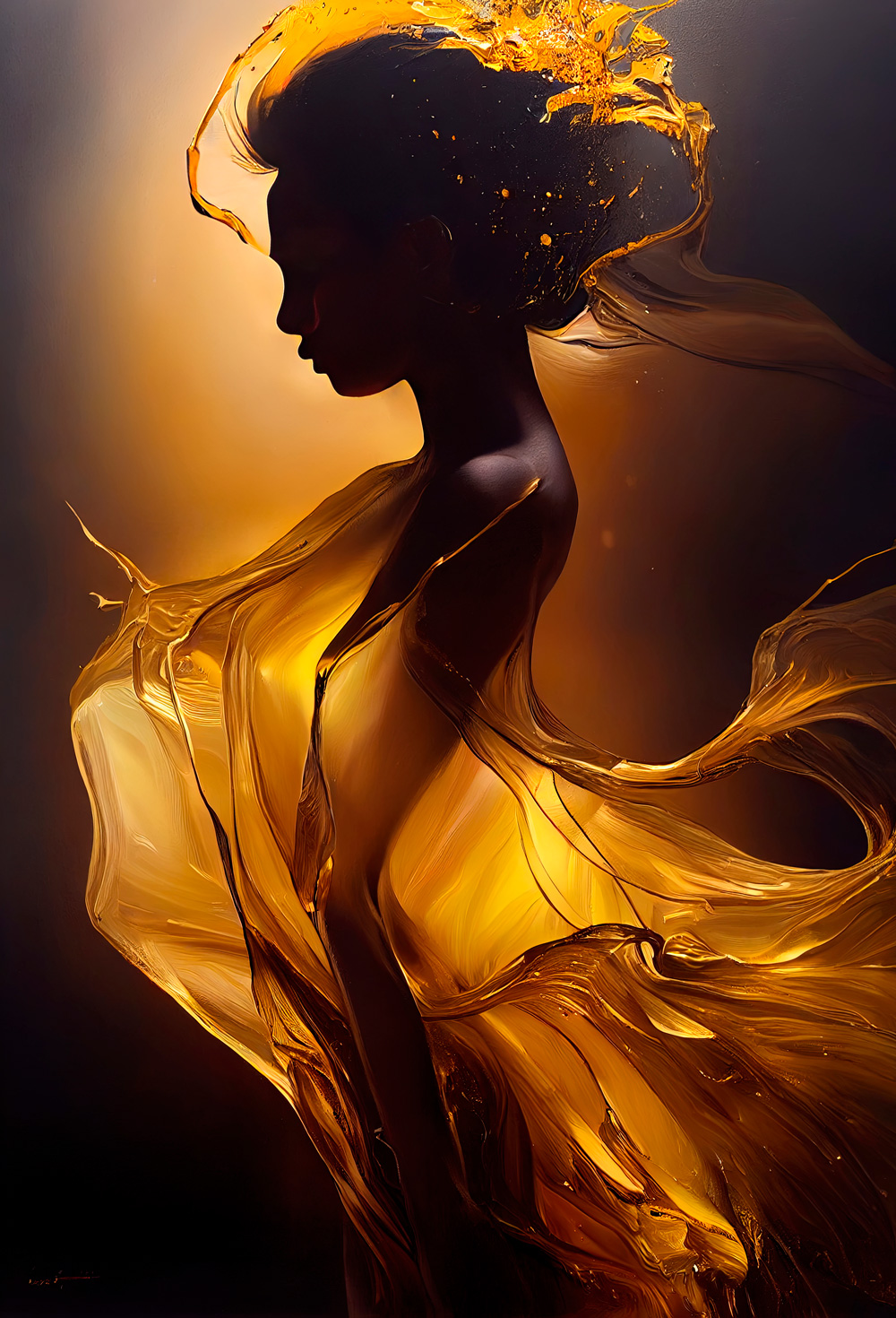 Eingabe: Beautiful Woman dissolving into golden and black liquid oil paint, wind, cinematic lighting, photo realistic, by karol bak (Alle Bilder: Peter Braunschmid/Midjourney)