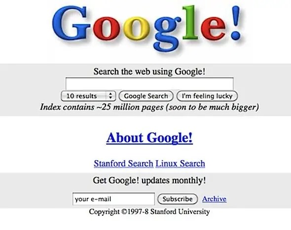 So sah Google nach dem Start 1998 aus. Einfacher als jede andere bisherige Suchmaschine und dennoch viel treffsicherer und nützlicher als diese. Heute ist "googeln" genauso ein gängiges Alltagswort wie "gephotoshoppt". Aber wie lange noch?