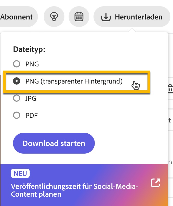 Klicken Sie auf »Herunterladen« und wählen Sie »PNG (transparenter Hintergrund)«, um die Freistellung zu bewahren und das Bild lokal auf Ihrem Computer oder Mobilgerät zu speichern.