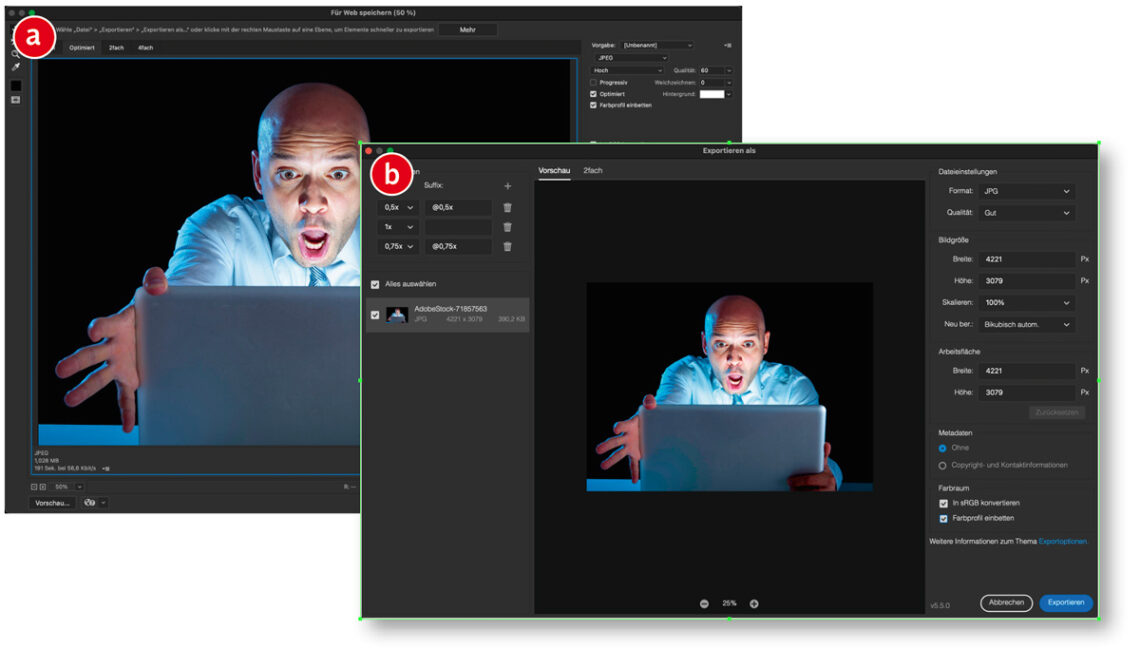 »Exportieren als« versus »Speichern für Web« in Photoshop