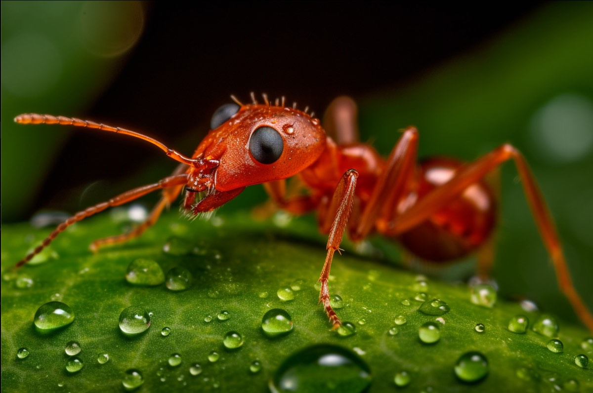 professional macro photography, red fire ant on a green leaf covered with morning dew