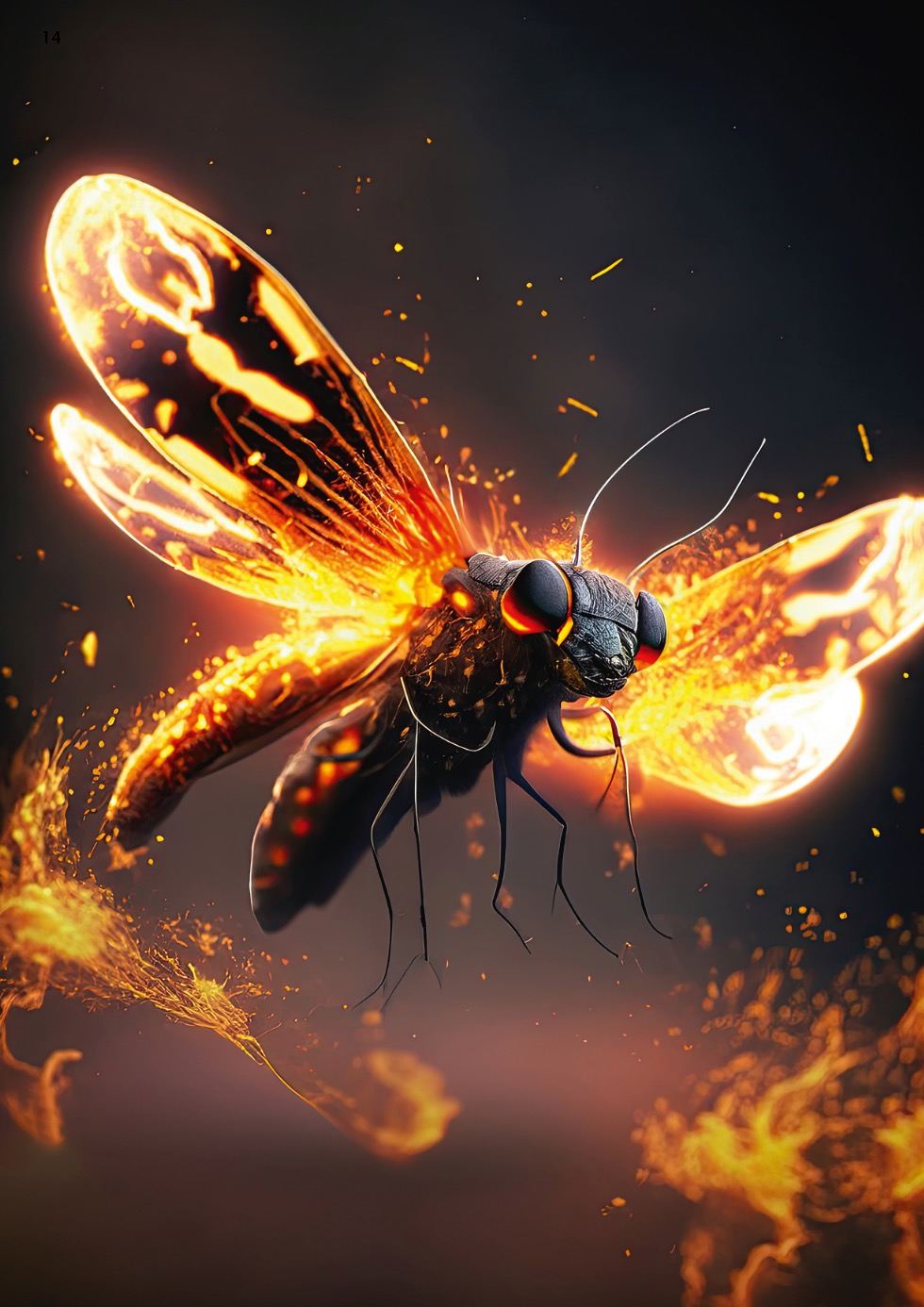 Prompt: »a firefly with huge fire flames on its wings« (Alle Bilder: Olaf Giermann mit Adobe Firefly)