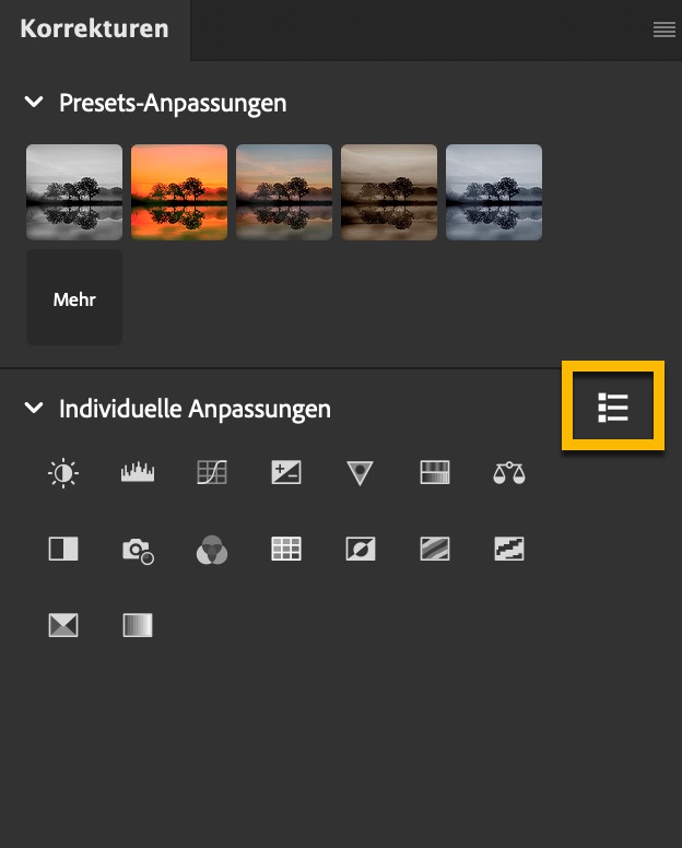 „Presets-Anpassungen“ bietet eine Reihe von Vorgaben für die schnelle Bildkorrektur an. Über das hervorgehobene Symbol können Sie zwischen der Icon-Ansicht und einer Listendarstellung wechseln. Photoshop 24.5 und 24.6: Die generative KI ist da!