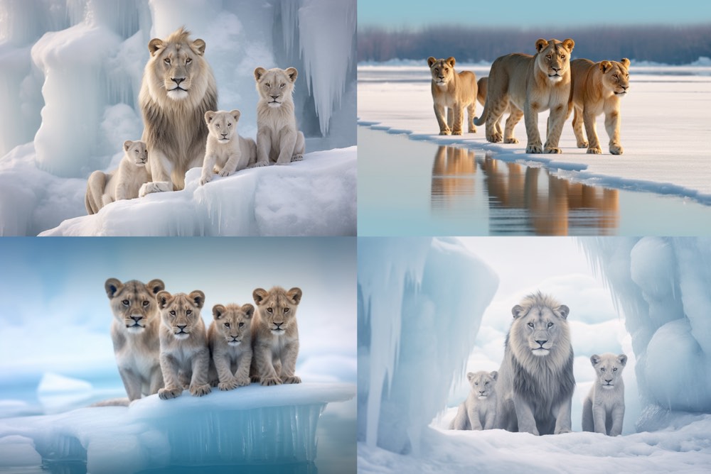 nature photography, Lion familiy on ice shelve --ar 3:2. KI Prompt Inspiration: Tierfotografie