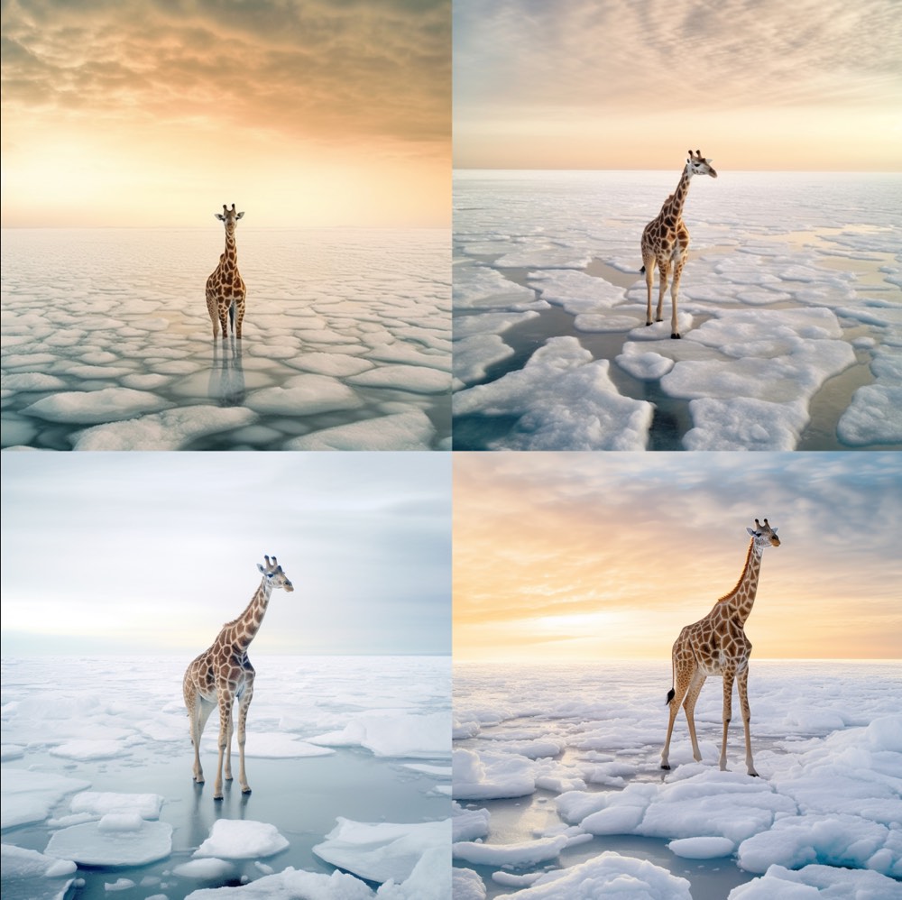 nature photography, giraffe in arctic sea Ice. KI Prompt Inspiration: Tierfotografie