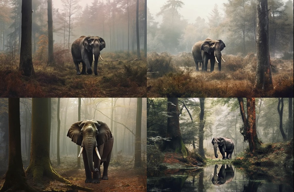 nature panorama photography, African Elephant in black forrest --ar 3:2