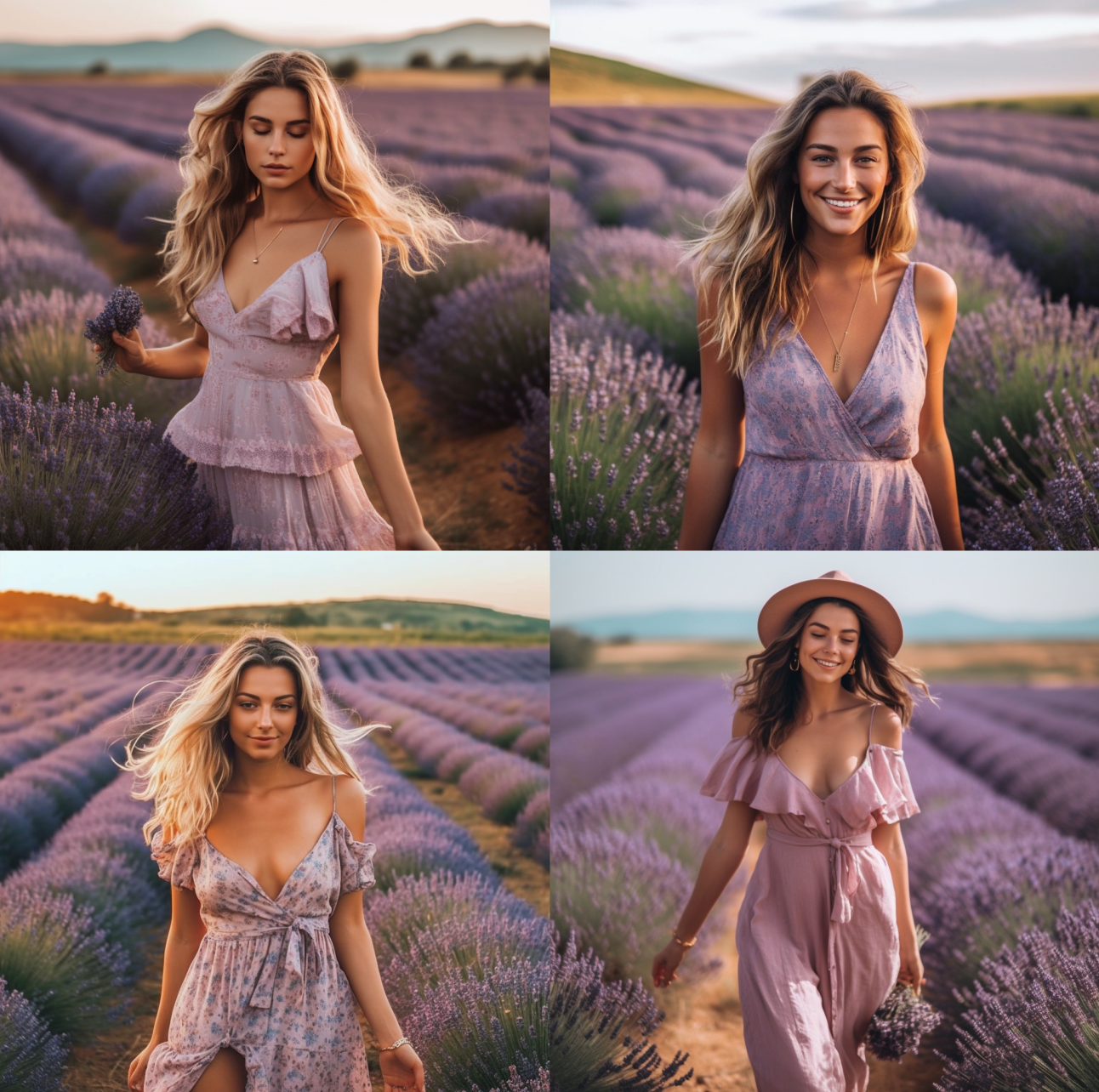 Photo of a young woman in a summer dress stands in a field, lavender. KI Prompt Inspiration: Monochrome