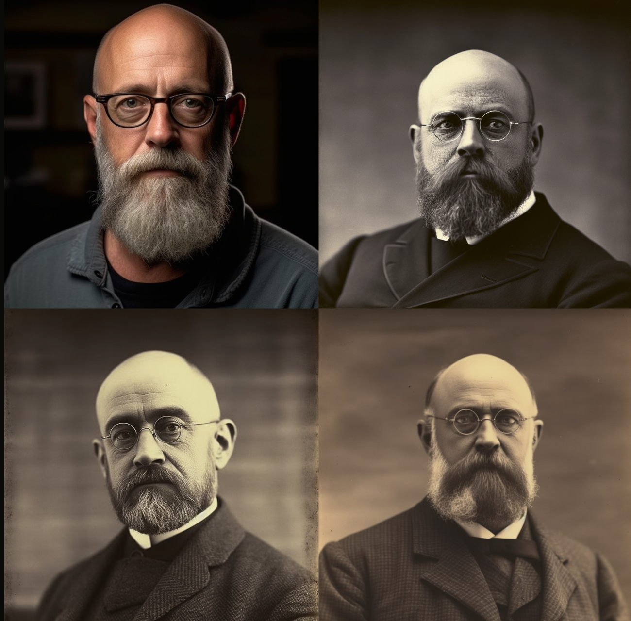 A man, mid-50s, tall overweight, bald head, gray three-day beard and round black glasses. Prompt Inspiration: Fashionstyle