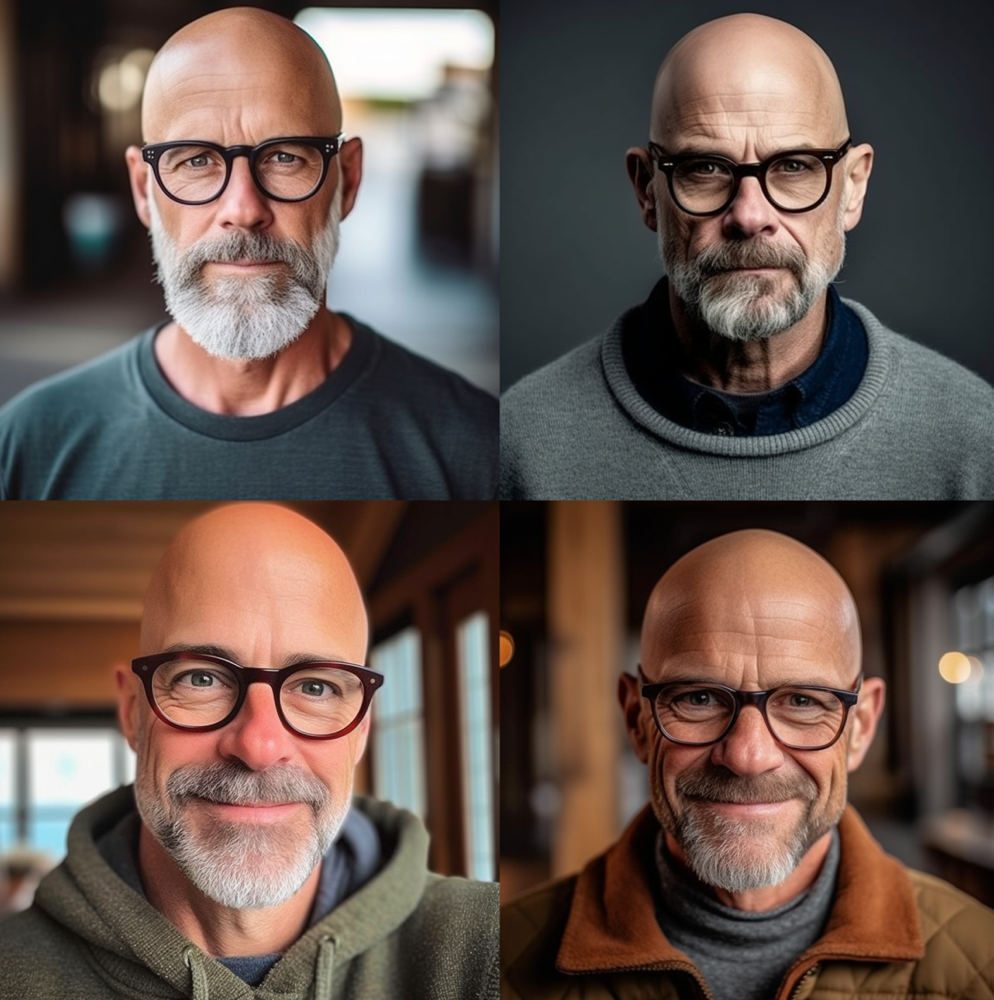 A Man, 45 years, tall, overweight, unshaved gray bald head and bold round black rimmed glasses. Prompt Inspiration: Fashionstyle