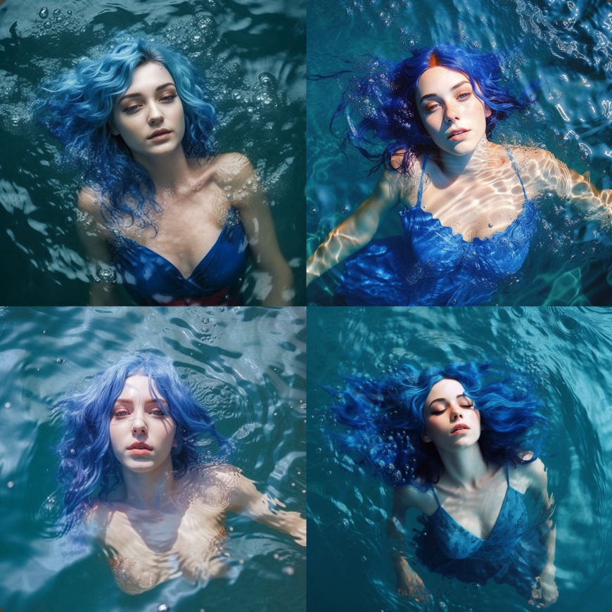 photo of a young woman with blue hair in a blue summer dress swims in blue liquid, bold blue. KI Prompt Inspiration: Monochrome