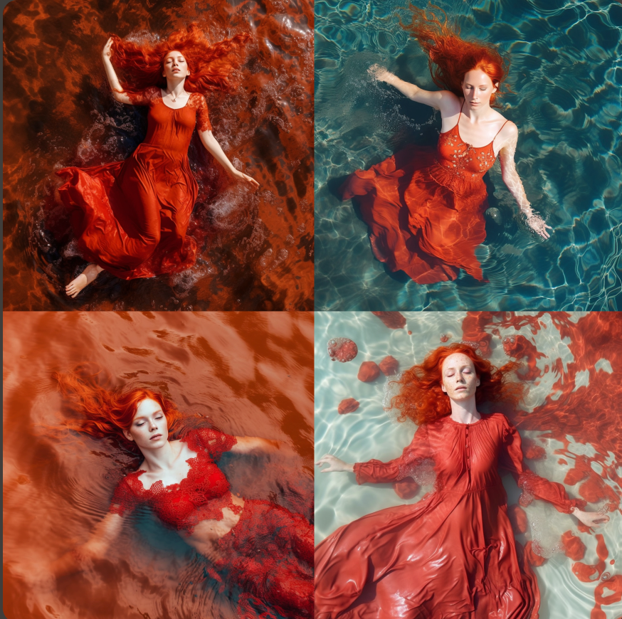 photo of a young woman with red hair in a red summer dress swims in red paint, bold red. KI Prompt Inspiration: Monochrome