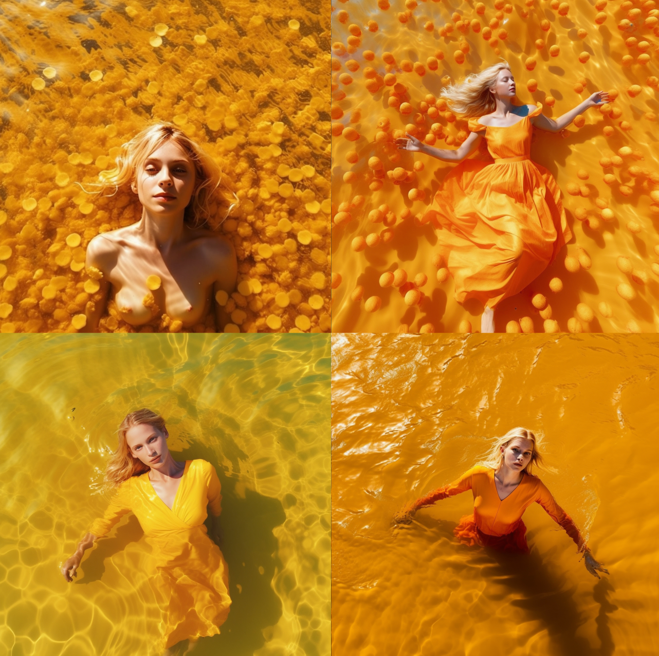 photo of a young woman with blond hair in a yellow summer dress swimming in sea of honey, bold orange