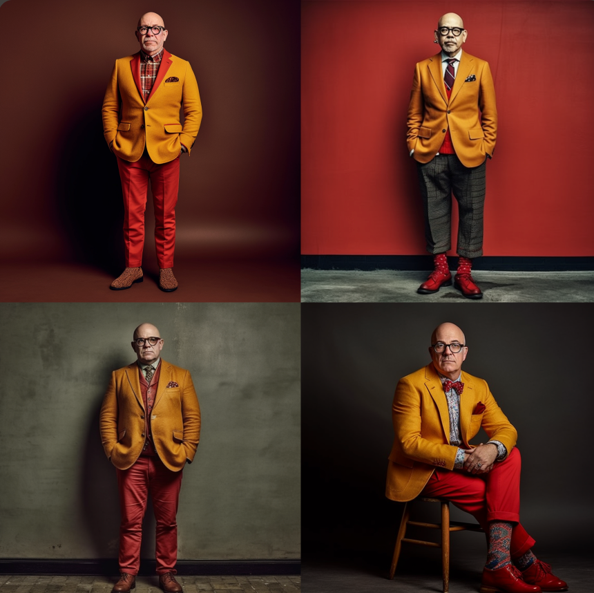 fashion photo, A Man, 45 years, tall, overweight, unshaved gray bald head and bold round black rimmed glasses, he wears a curry collared shirt with a red tie and a curry jacket, curry trousers and brown shoes