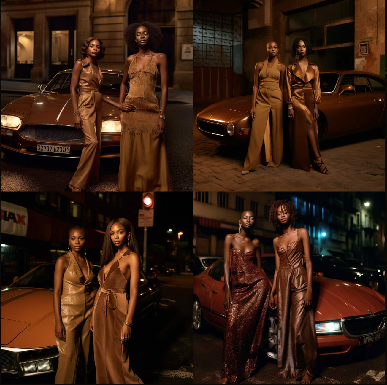 fashion photography of two african models in brown dresses next to a brown sportscar by night