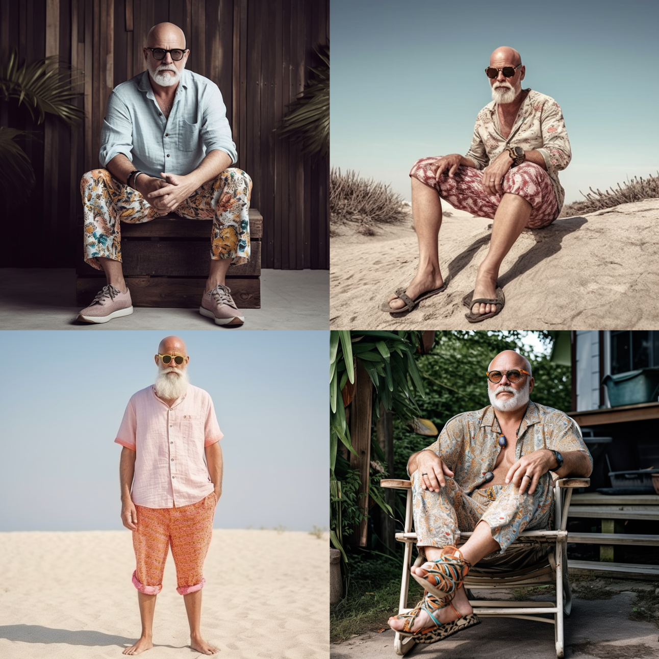 fashion photo, A Man, 45 years, tall, overweight, unshaved gray bald head and bold round black rimmed glasses, hippie summer style with bare feet