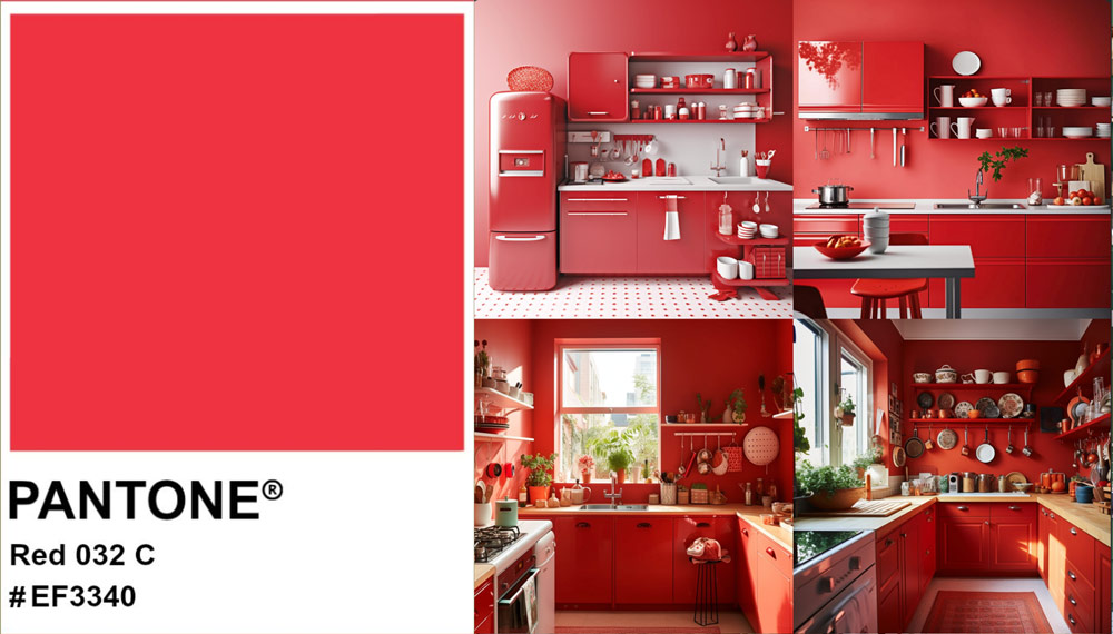 photo of a kitchen, everything in pantone red