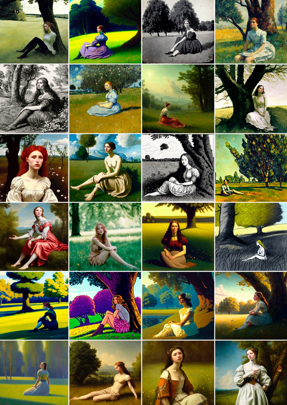 24 mal derselbe Prompt, realisiert mit Deep Dream Generator: »Eine junge Frau, die auf einer Wiese unter einem Baum sitzt«. Aber 24 mal unterschiedliche Stile. Ein paar Beispiele: Andrew Wyeth, Daguerrotypie, van Gogh, Caspar David Friedrich, Dante Gabriel Rossetti, Picasso, Cézanne, Rubens, Grant Wood, Maxfield Parrish, Norman Rockwell, Seurat … einige mehr, andere weniger überzeugend. Manche sind hübsche Bilder, aber weit weg vom erbetenen Stil (der daher zum Raten gar nicht erwähnt wird). So entstand etwa das zweite Bild in der vorletzten Reihe nach der Aufgabenstellung: … im Stil des (Pop-Art-Malers) Roy Lichtenstein.