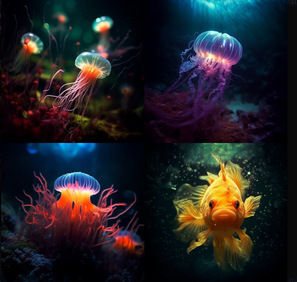 underwater photography, glowing yellyfish. Glühende Objekte
