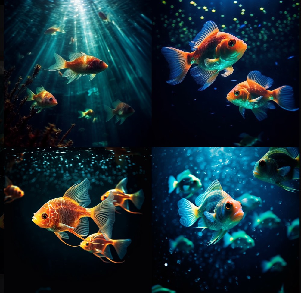 underwater photography, glowing fishes. Glühende Objekte