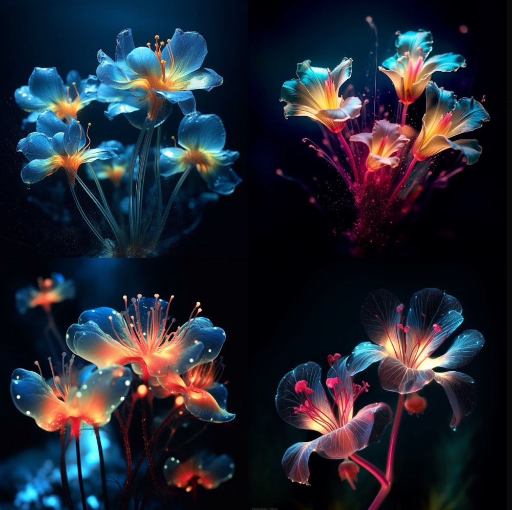 art photography, bioluminiscent flowers. Glühende Objekte