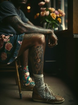 35mm film, depth of field, grain, raw candid photo, 1980s style photo, 50mm lens, a photorealistic image of a black man’s leg with tattoos, the picture focuses on an old school rose-tattoo on his upper leg, the lighting is natu- ral and atmospheric, snapshot, grunge, street photography
--ar 5:7 --s 625