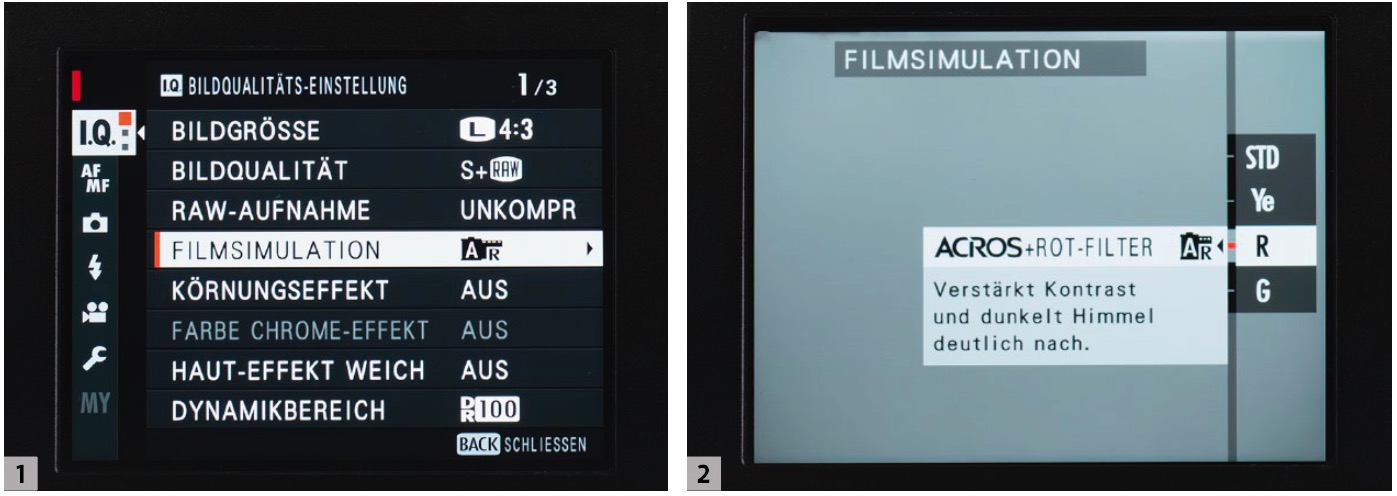 Bei der Fujifilm GFX 50R können Sie als Filmsimulation 1 neben klassischen Farbfilmen auch die Charakteristik eines Acros-Films 
mit gleichfalls simulierten Farbfiltern wählen 2. Schwarzweiß-Fotografie