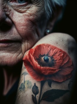 wide angle, 35mm film, depth of field, grain, a photorea- listic image of an old, faded tattoo of a poppy, the tattoo is on the upper arm of an old lady but the picture only shows the tattoo on the wrinkled tattooed skin, the light- ing is natural --ar 5:7 --s 711 --chaos 13