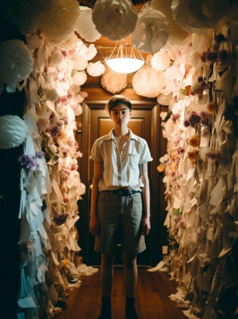 120mm film, depth of field, grain, 35mm lens, photorea- lisitic image of a young non-binary north-asian person, standing in a huge livingroom full of paper-flowers, the lighting is natural, documentary photography, grunge, raw candid photo, street photography, symmetric composition
--no people in the background --ar 3:4 --s 625 --v 5