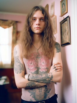120mm film, depth of field, grain, 35mm lens, photoreali- sitic image of a young man with long hair in a heavy-me- tal-band-shirt, he has a full-body flower-tattoo, he stands in a light pink room, the lighting is natural and atmosphe- ric, raw candid photo, street photography --no items in the background --ar 3:4 --s 625 --v 5