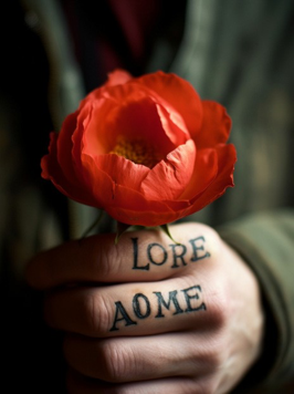tattoo design for a poppy with thorns and the word amo- re underneath in an old school sailer style on an arm of a man (medium: 120mm film photography, depth of field, grain, 35mm lens)(the lighting is natural and atmosphe- ric)(style: raw candid photo, grunge, documentary, street
photography) --no items in the background --ar 3:4 --s 625
--v 5