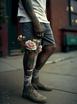35mm film, depth of field, grain, raw candid photo, 1980s style photo, 50mm lens, a photorealistic image of a black man’s leg with tattoos, the picture focuses on an old school rose-tattoo on his upper leg, the lighting is natu- ral and atmospheric, snap-shot, grunge, street photography
--ar 5:7 --s 625