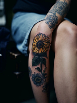 color tattoo design for a daisy in stick and poke style on a leg of a black person (medium: 120mm film photography, depth of field, grain, 35mm lens)(the lighting is natural and atmospheric)(style: raw candid photo, grunge, documen- tary, street photography) --no items in the background
--ar 3:4 --s 625 --v 5