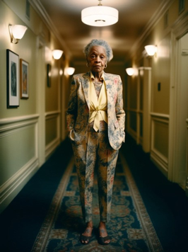 120mm film, depth of field, grain, 35mm lens, long shot, photorealisitic full body image of an old black woman, co- lorful flower-tattoos, dressed in a suit, standing in upper class hotel lobby with light yellow walls, the lighting is bright and natural, symmetric composition, documentary pho- tography, street photography --no people in the background
--ar 3:4 --s 625 --v 5