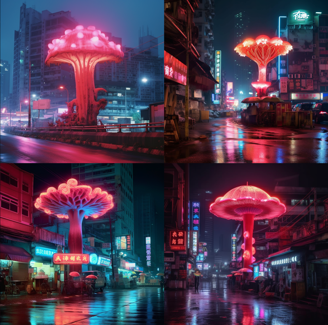 photography, neon glowing Mushroom in asian cityscape. Glühende Objekte