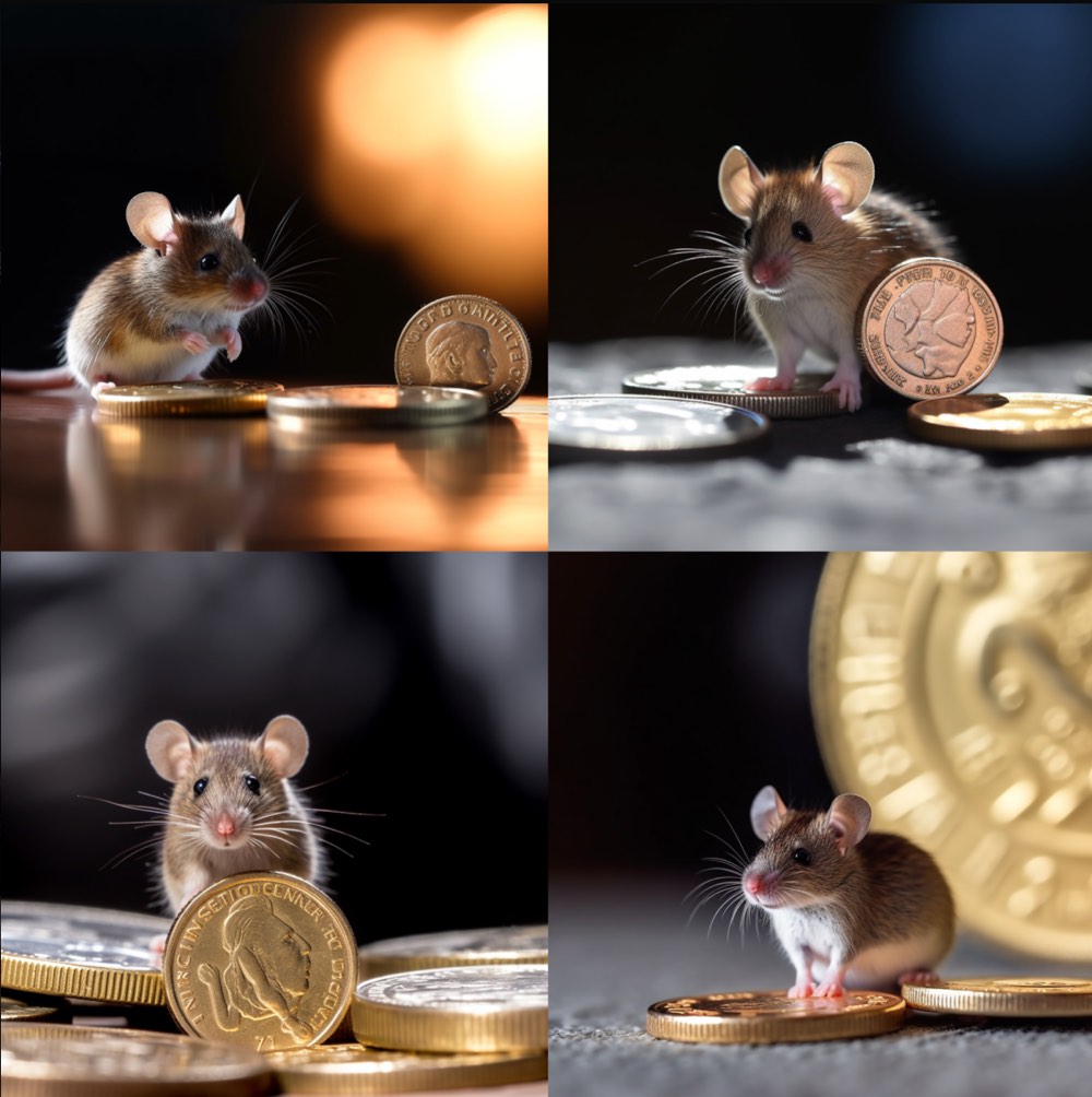 photography of a mouse sitting next to an one euro coin. Prompt-Inspiration: Miniaturisierung