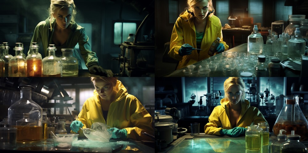 movie sceen, Scarlett Johansson in meth laboratory, Breaking Bad theme --ar 2:1. KI-Prompt-Inspiration: Panning